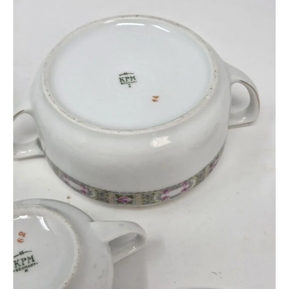 KPM Germany Antique‎ Porcelain Tea Set Creamer Sugar 2 Cups Saucers Rose 1900s